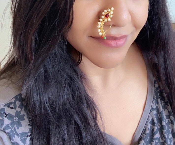 Maharashtrian Nath: Gold Plated Nose Clip-on - Indian Jewelry