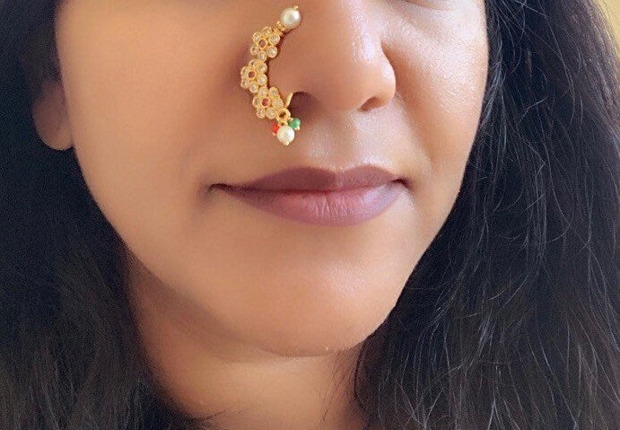 Maharashtrian Nath: Gold Plated Nose Clip-on - Indian Jewelry