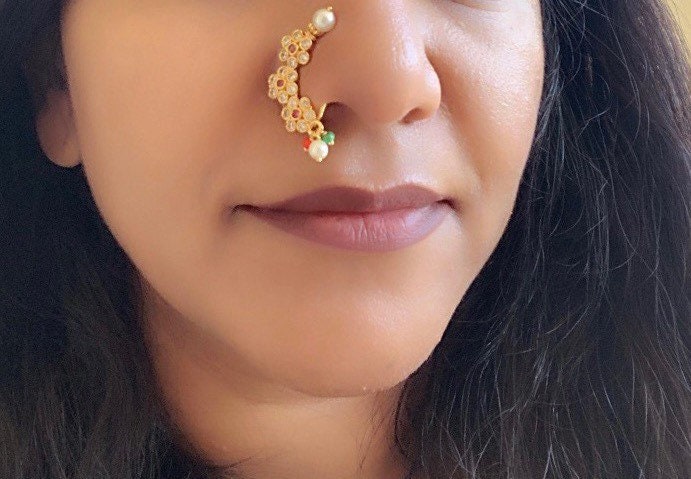 Maharashtrian Nath: Gold Plated Nose Clip-on - Indian Jewelry