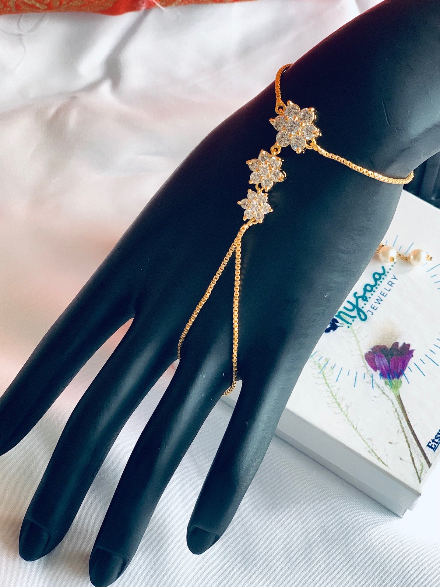 Rose Gold Plated CZ Stone Haath Panja: Indian Ring Bracelet