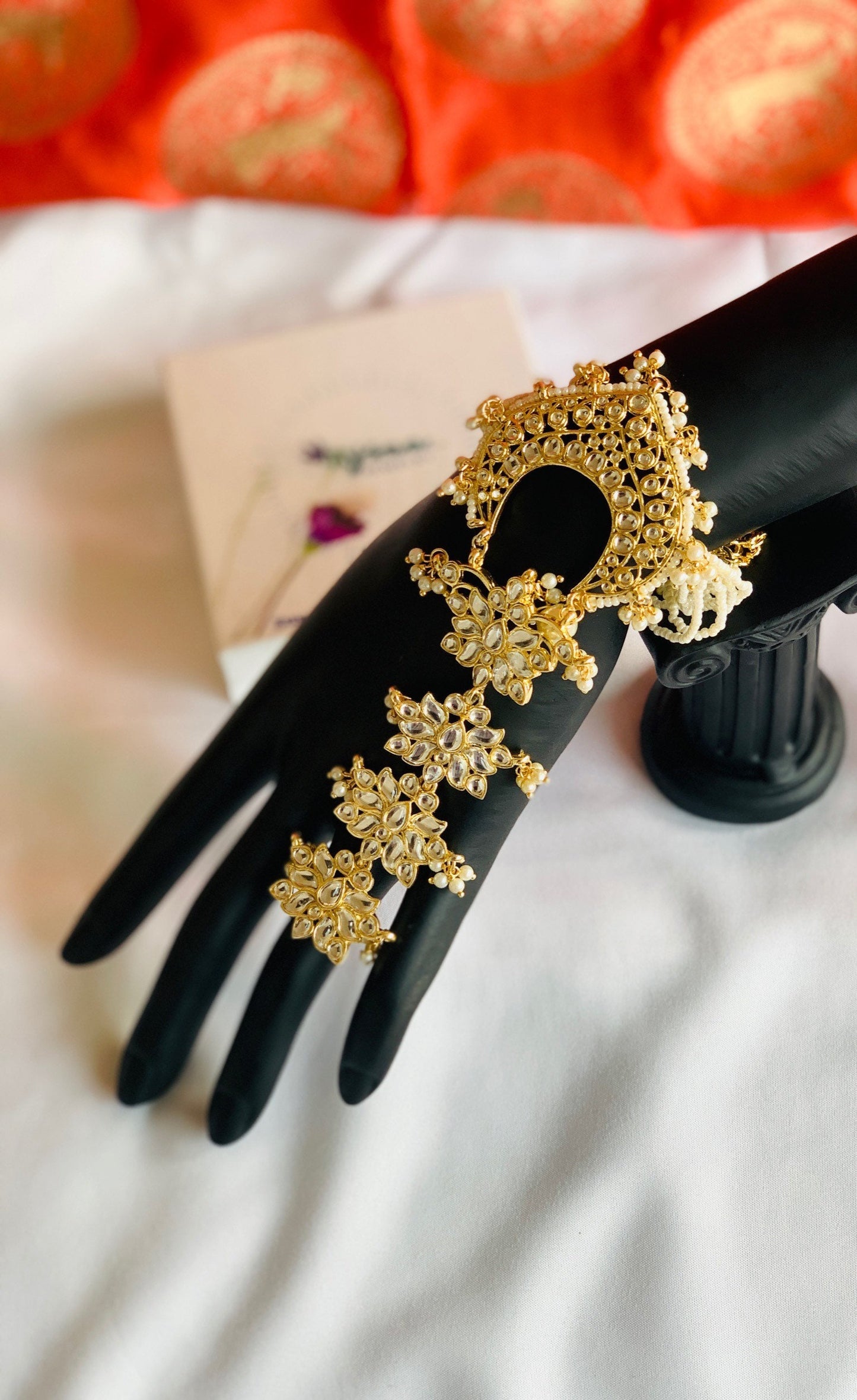 Rose Gold Plated CZ Stone Haath Panja: Indian Ring Bracelet