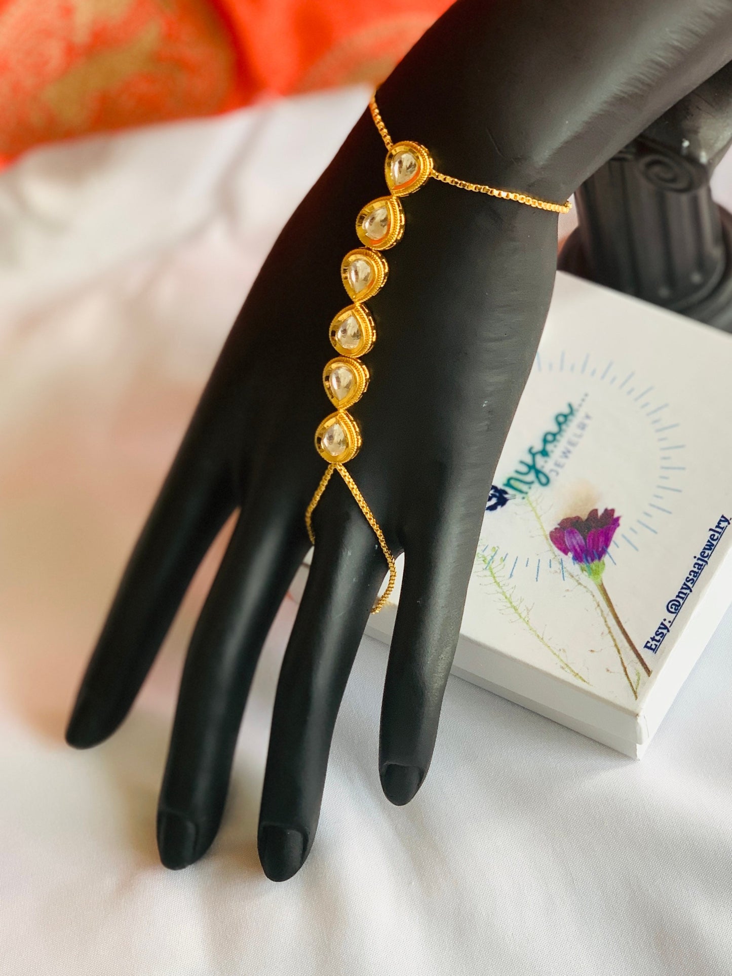 Rose Gold Plated CZ Stone Haath Panja: Indian Ring Bracelet