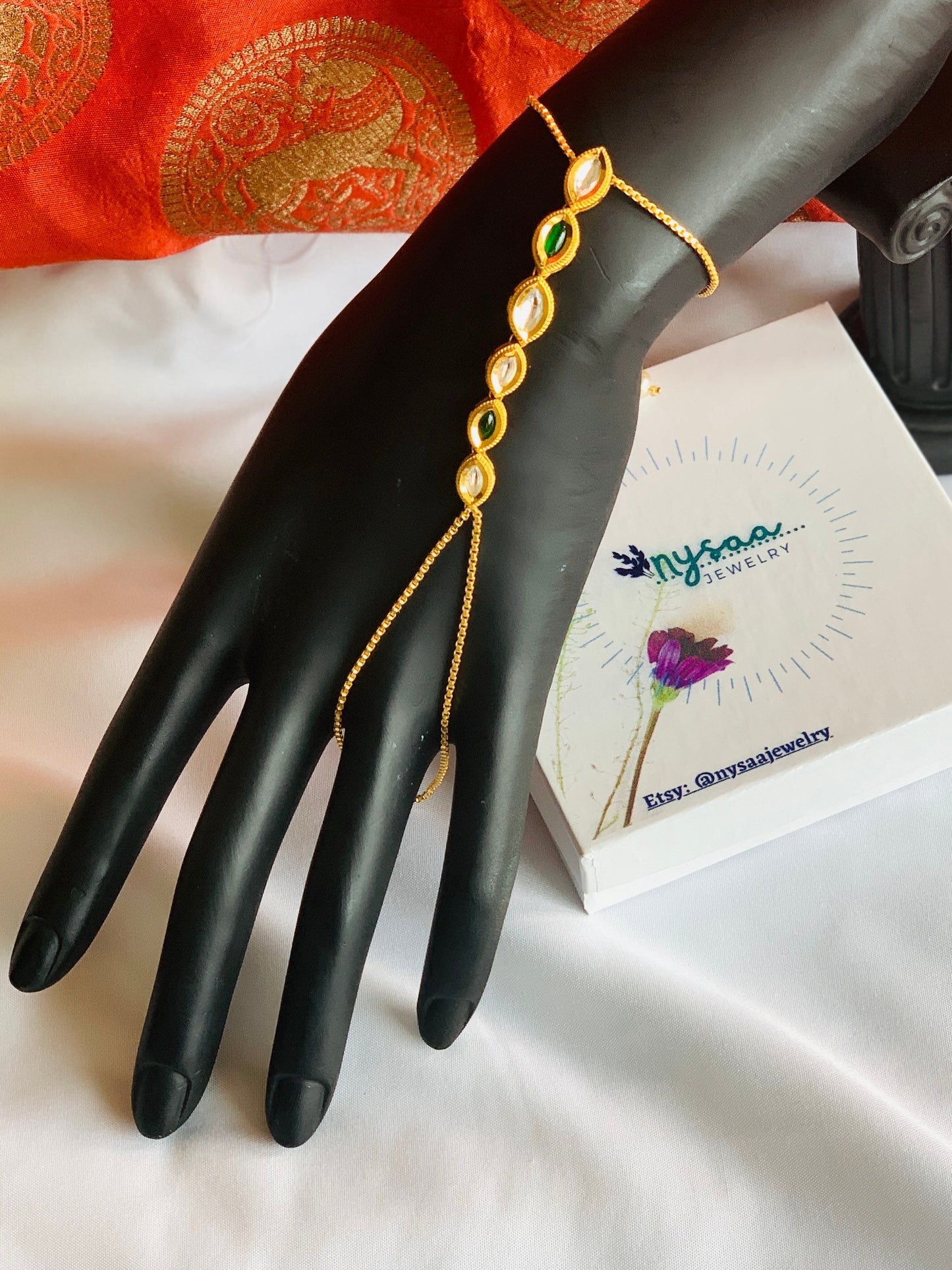 Rose Gold Plated CZ Stone Haath Panja: Indian Ring Bracelet
