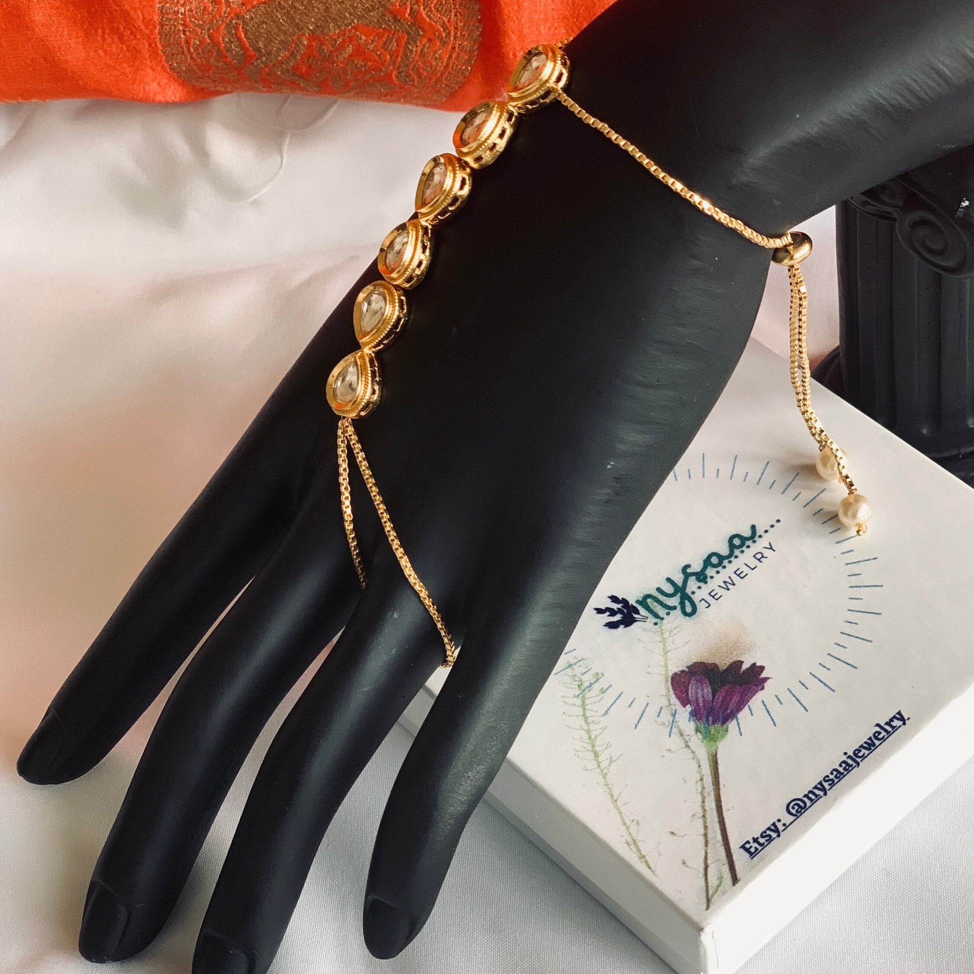 Rose Gold Plated CZ Stone Haath Panja: Indian Ring Bracelet