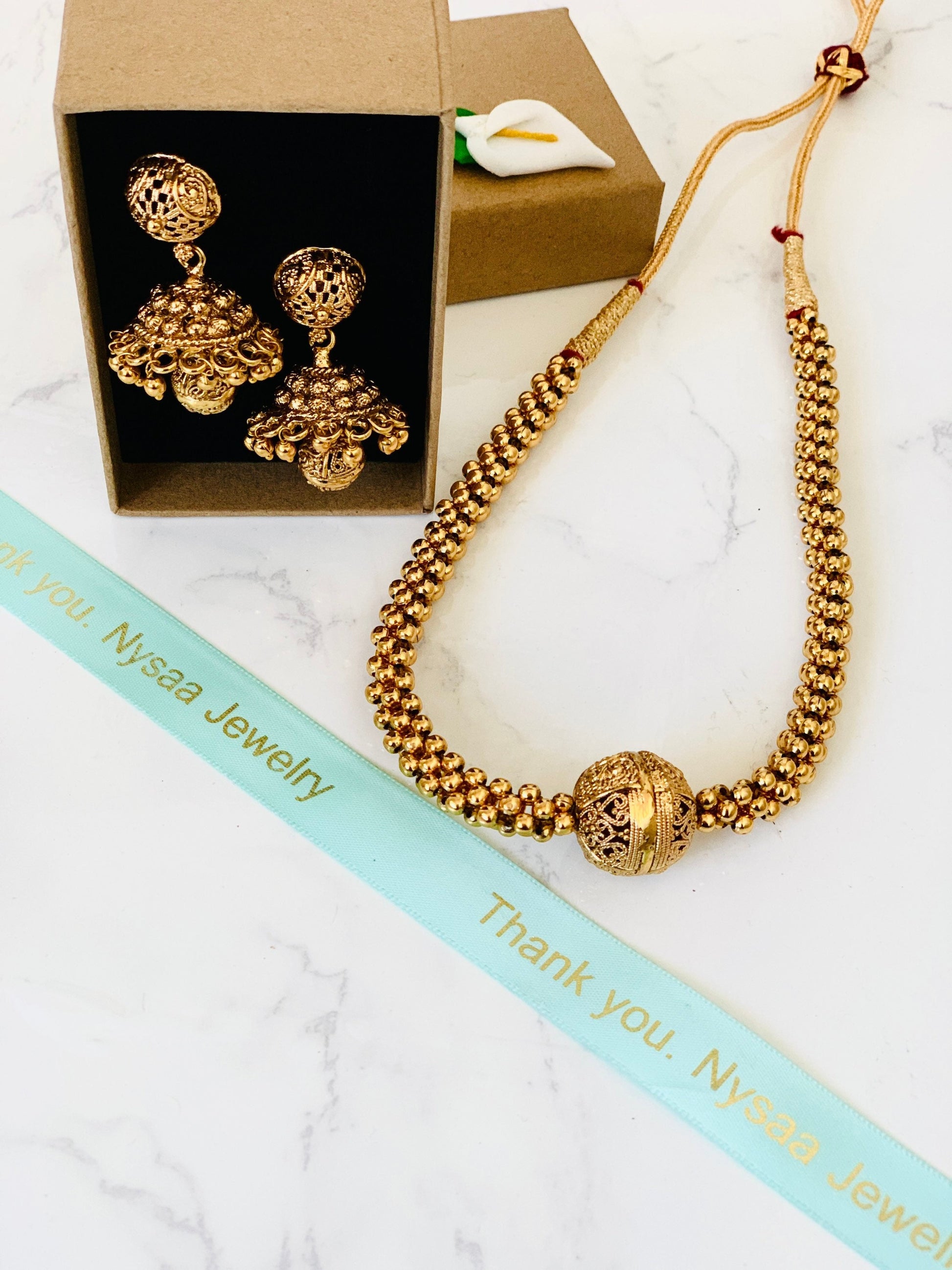 Gold Plated Thushi Choker Necklace with Jhumki Earrings: Maharashtrian Jewelry