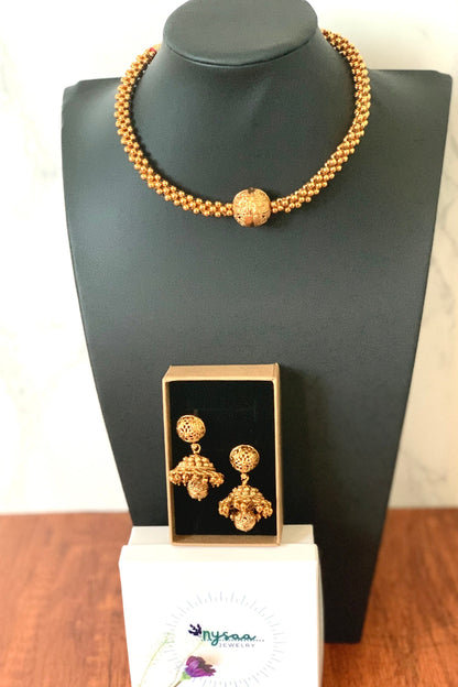 Gold Plated Thushi Choker Necklace with Jhumki Earrings: Maharashtrian Jewelry