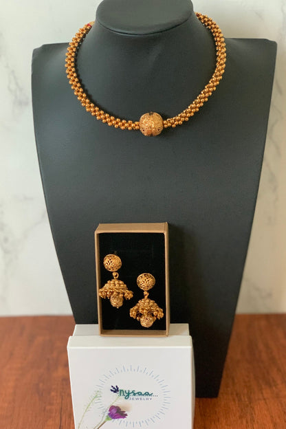 Gold Plated Thushi Choker Necklace with Jhumki Earrings: Maharashtrian Jewelry