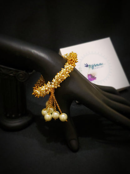 Gold Plated Pearl Bracelet: Adjustable Retractable Design