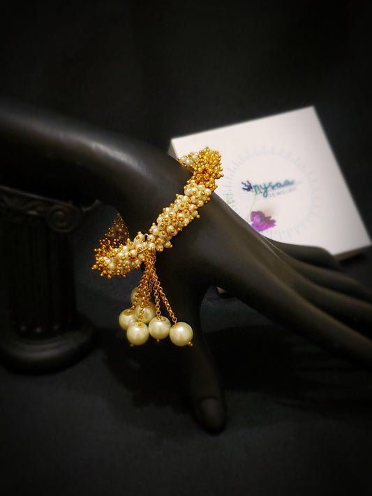 Gold Plated Pearl Bracelet: Adjustable Retractable Design