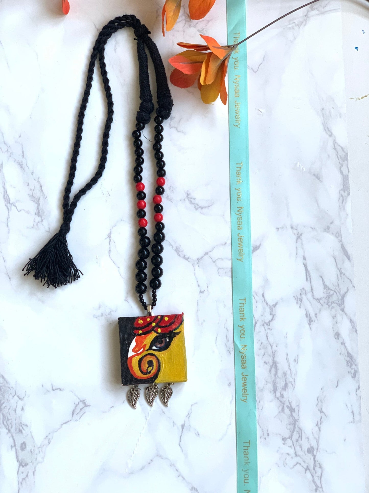 Hand-Painted Ganesha Pendant Necklace: Beaded Indian Ethnic Jewelry