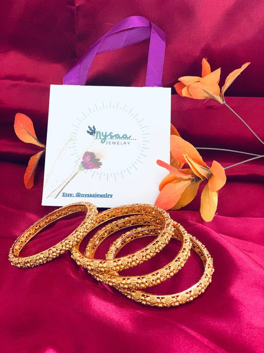 Gold Plated Indian Bangles: Flower Motif, Set of 4