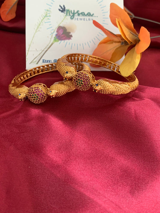 Gold Plated Indian Bangles: Ruby Green Minakari Stone Kada (Pair)