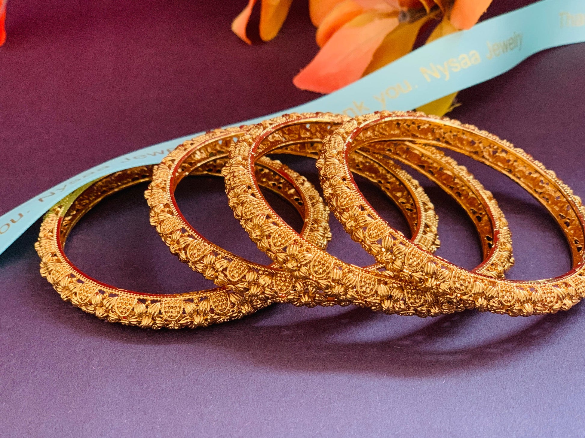Gold Plated Indian Bangles: Flower Motif, Set of 4