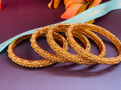 Gold Plated Indian Bangles: Flower Motif, Set of 4