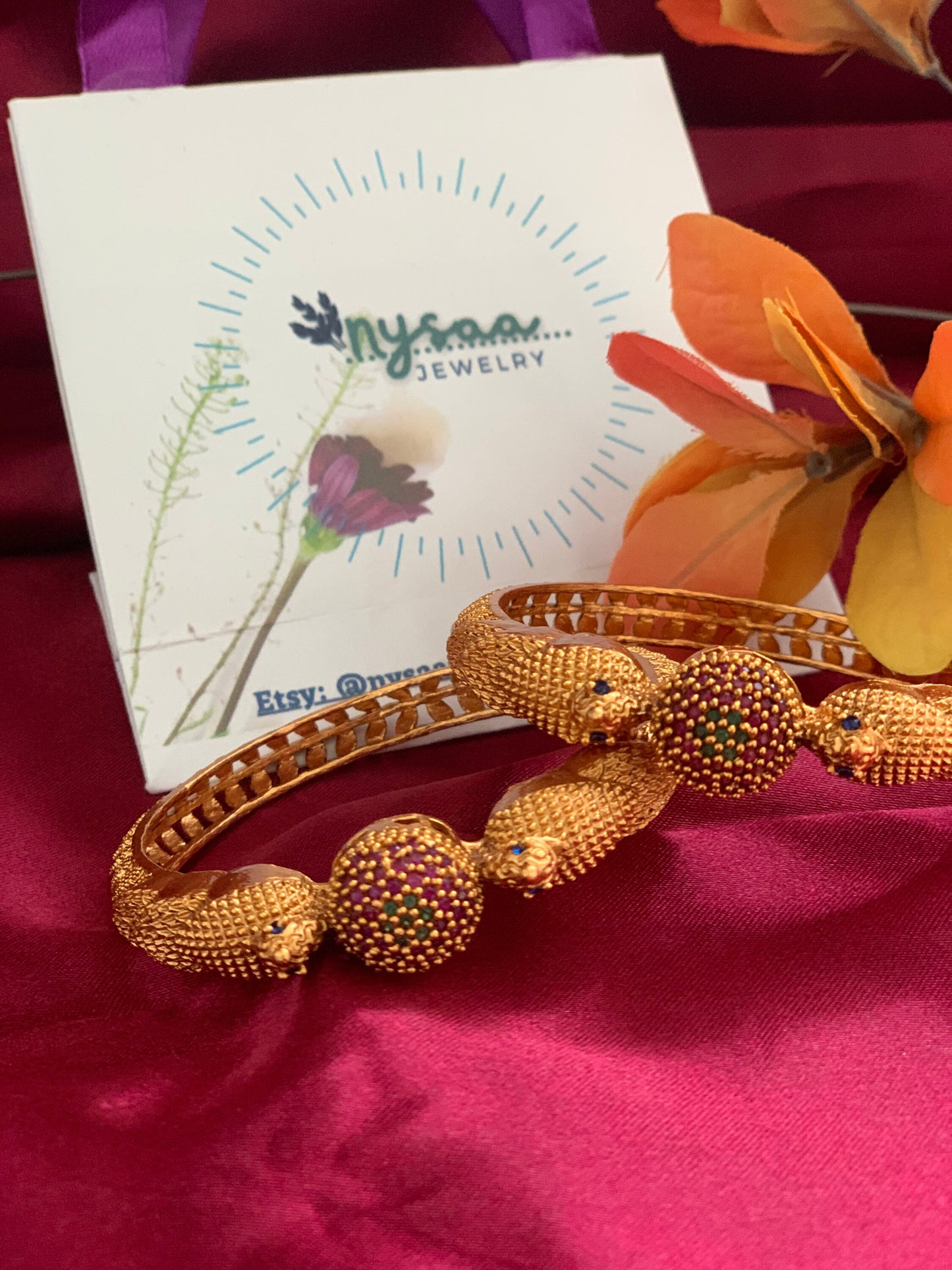 Gold Plated Indian Bangles: Ruby Green Minakari Stone Kada (Pair)