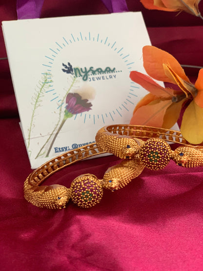 Gold Plated Indian Bangles: Ruby Green Minakari Stone Kada (Pair)