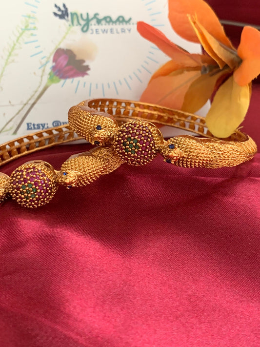 Gold Plated Indian Bangles: Ruby Green Minakari Stone Kada (Pair)