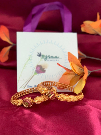 Gold Plated Indian Bangles: Ruby Green Minakari Stone Kada (Pair)