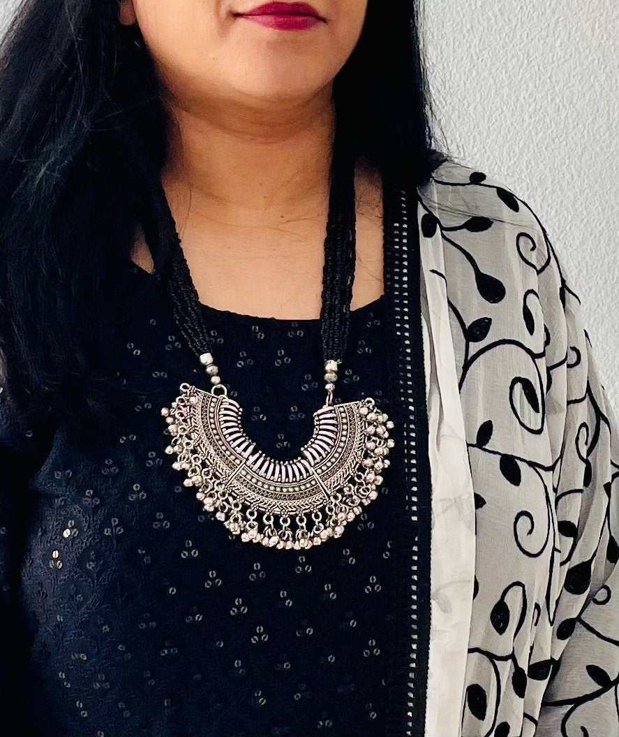 Long Oxidised big pendant beads necklace | Bollywood statement jewelry | Oxidized Necklace