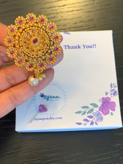 Gold Plated Hair Brooch: Bollywood Saree Pin with Dangling Beads