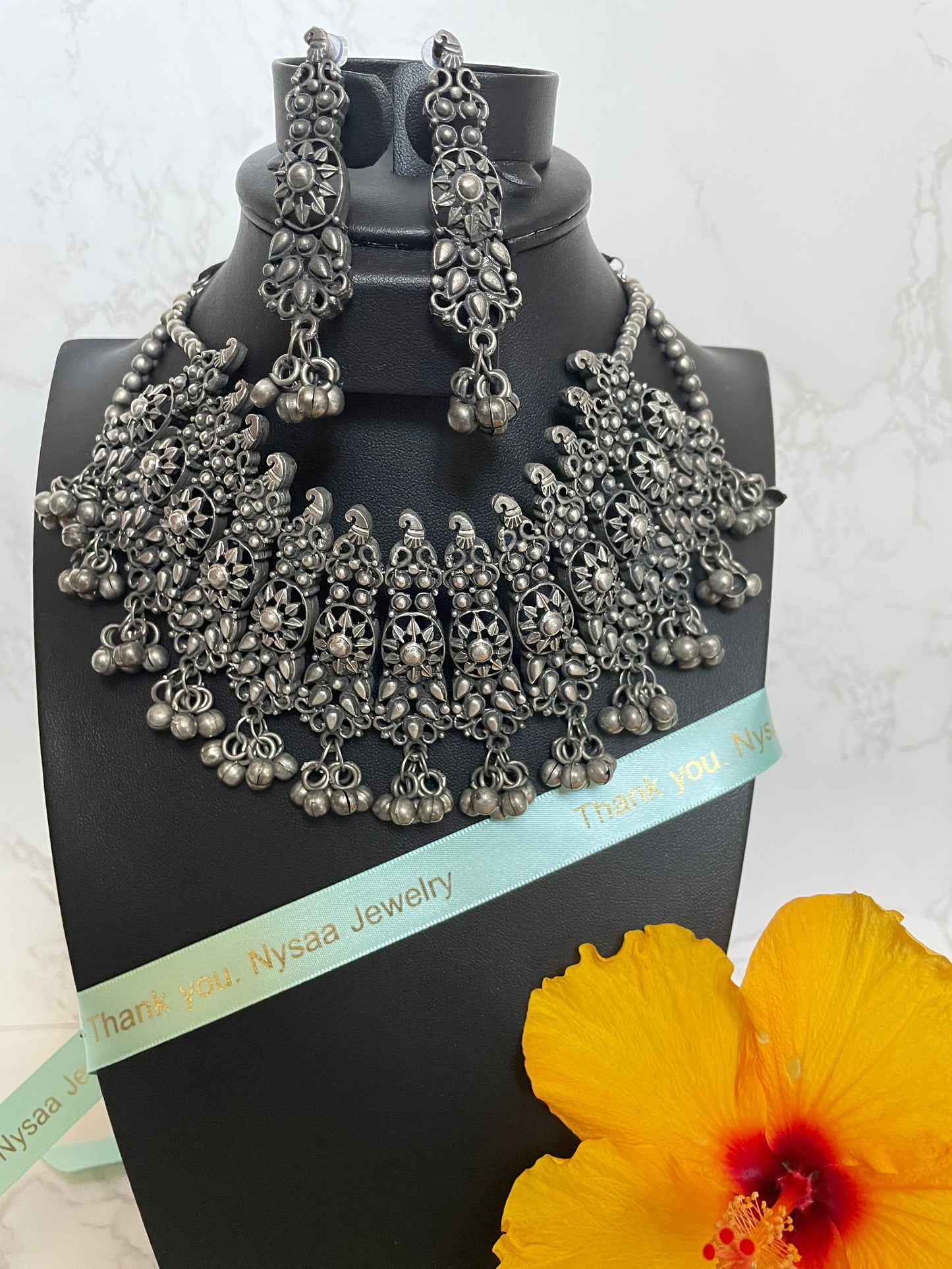 Dual tone choker | Black Oxidised ghungaroo necklace with earrings | Bollywood Jewelry