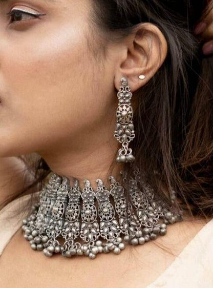 Dual tone choker | Black Oxidised ghungaroo necklace with earrings | Bollywood Jewelry