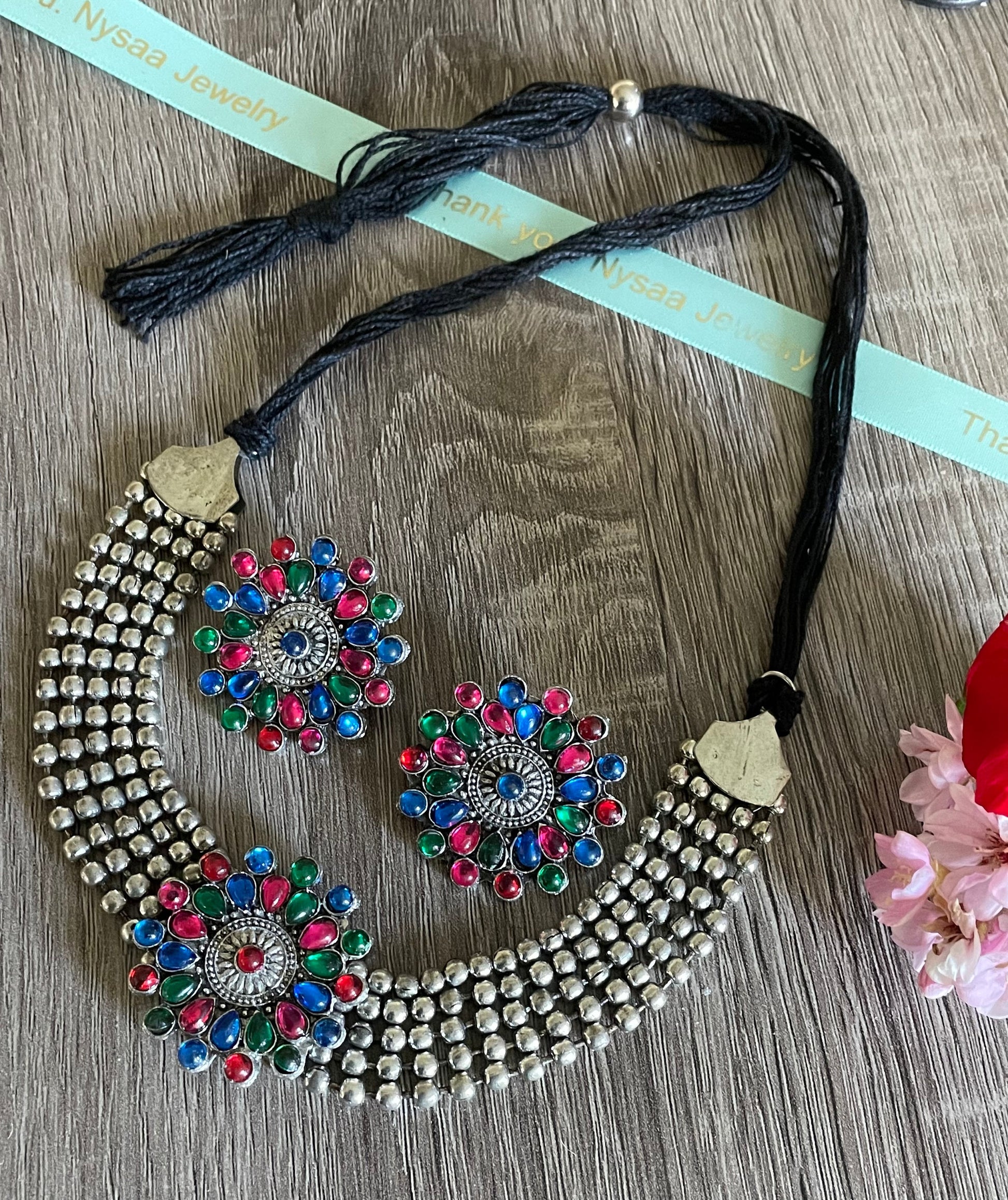 Oxidized Kolhapuri Choker Necklace with Stud Earrings: Adjustable Indian Jewelry