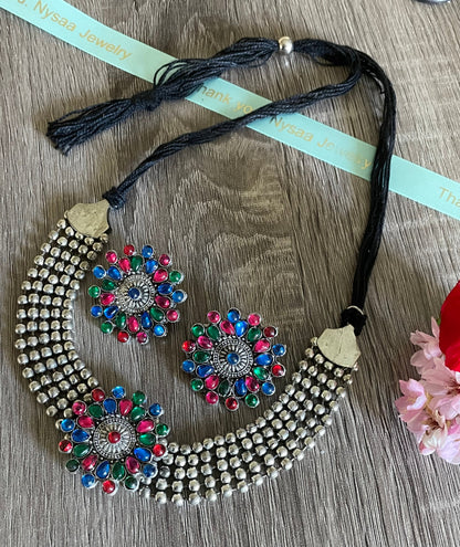 Oxidized Kolhapuri Choker Necklace with Stud Earrings: Adjustable Indian Jewelry