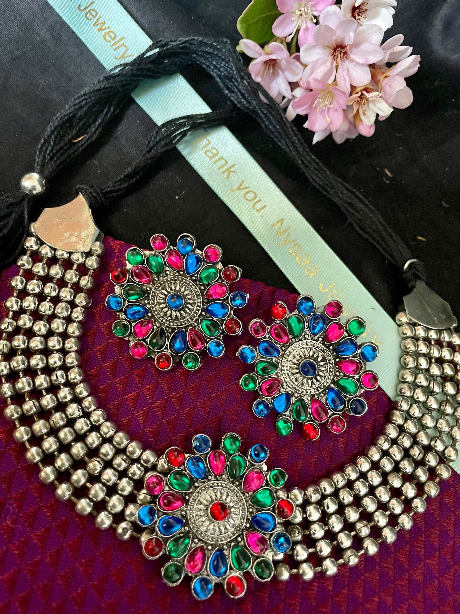 Oxidized Kolhapuri Choker Necklace with Stud Earrings: Adjustable Indian Jewelry