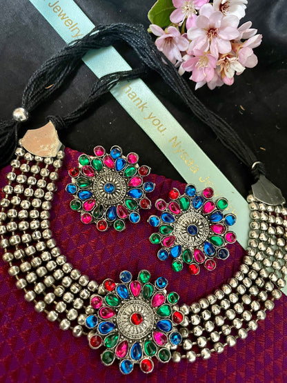 Oxidized Kolhapuri Choker Necklace with Stud Earrings: Adjustable Indian Jewelry