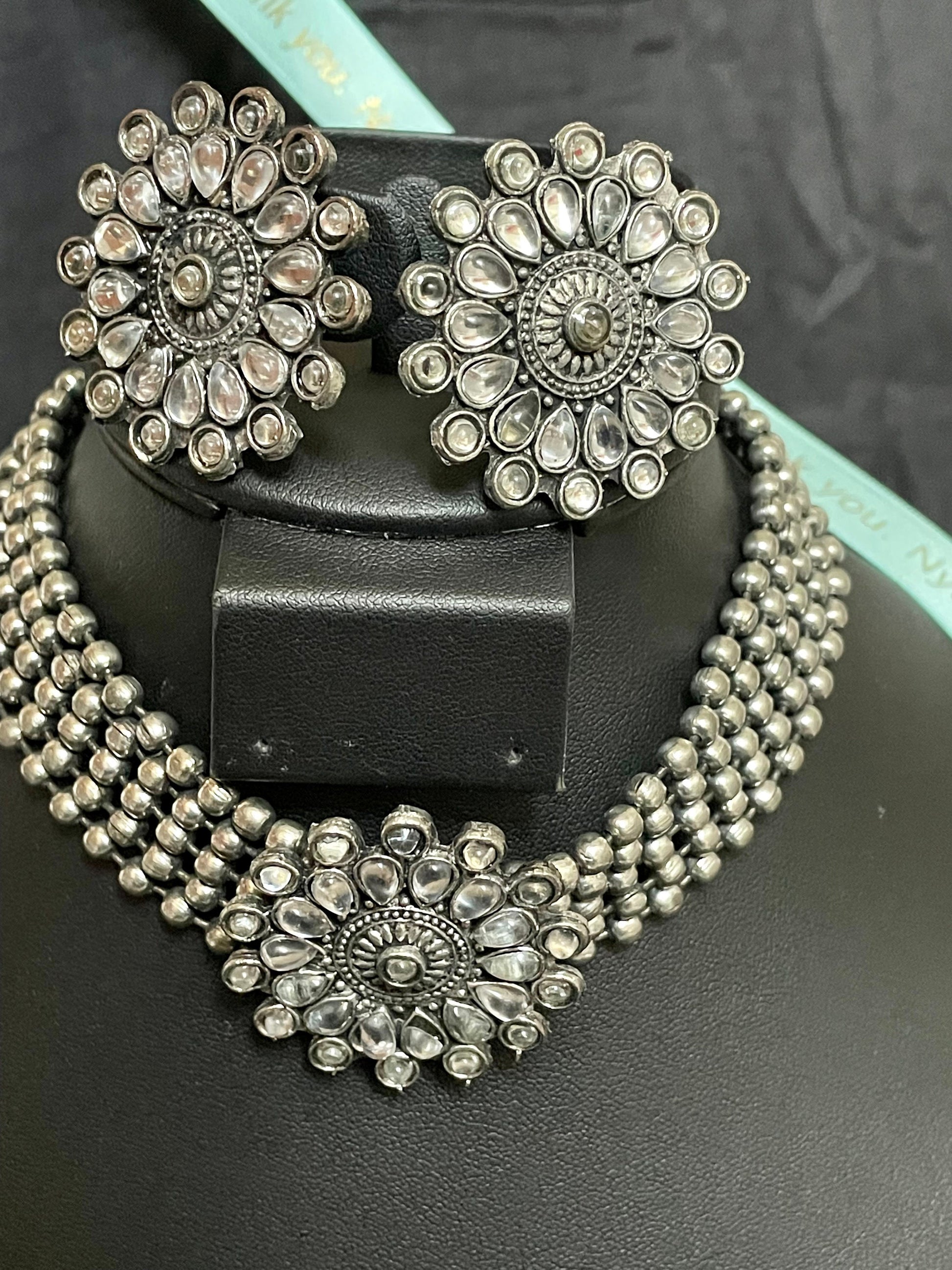 Oxidized Kolhapuri Choker Necklace with Stud Earrings: Adjustable Indian Jewelry