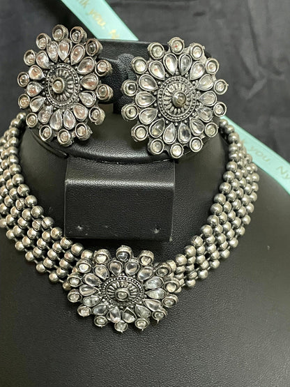 Oxidized Kolhapuri Choker Necklace with Stud Earrings: Adjustable Indian Jewelry