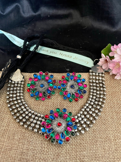 Oxidized Kolhapuri Choker Necklace with Stud Earrings: Adjustable Indian Jewelry