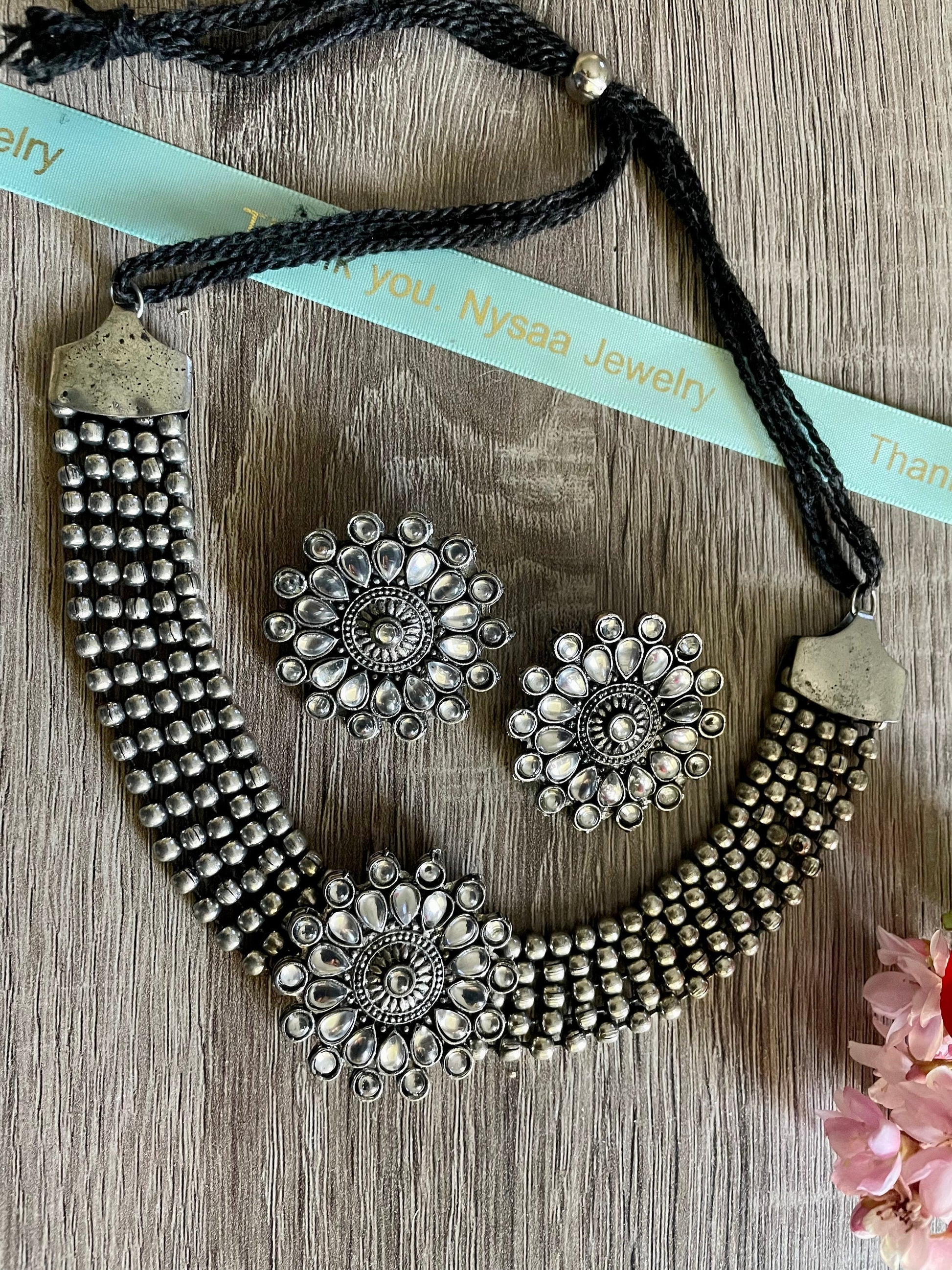 Oxidized Kolhapuri Choker Necklace with Stud Earrings: Adjustable Indian Jewelry