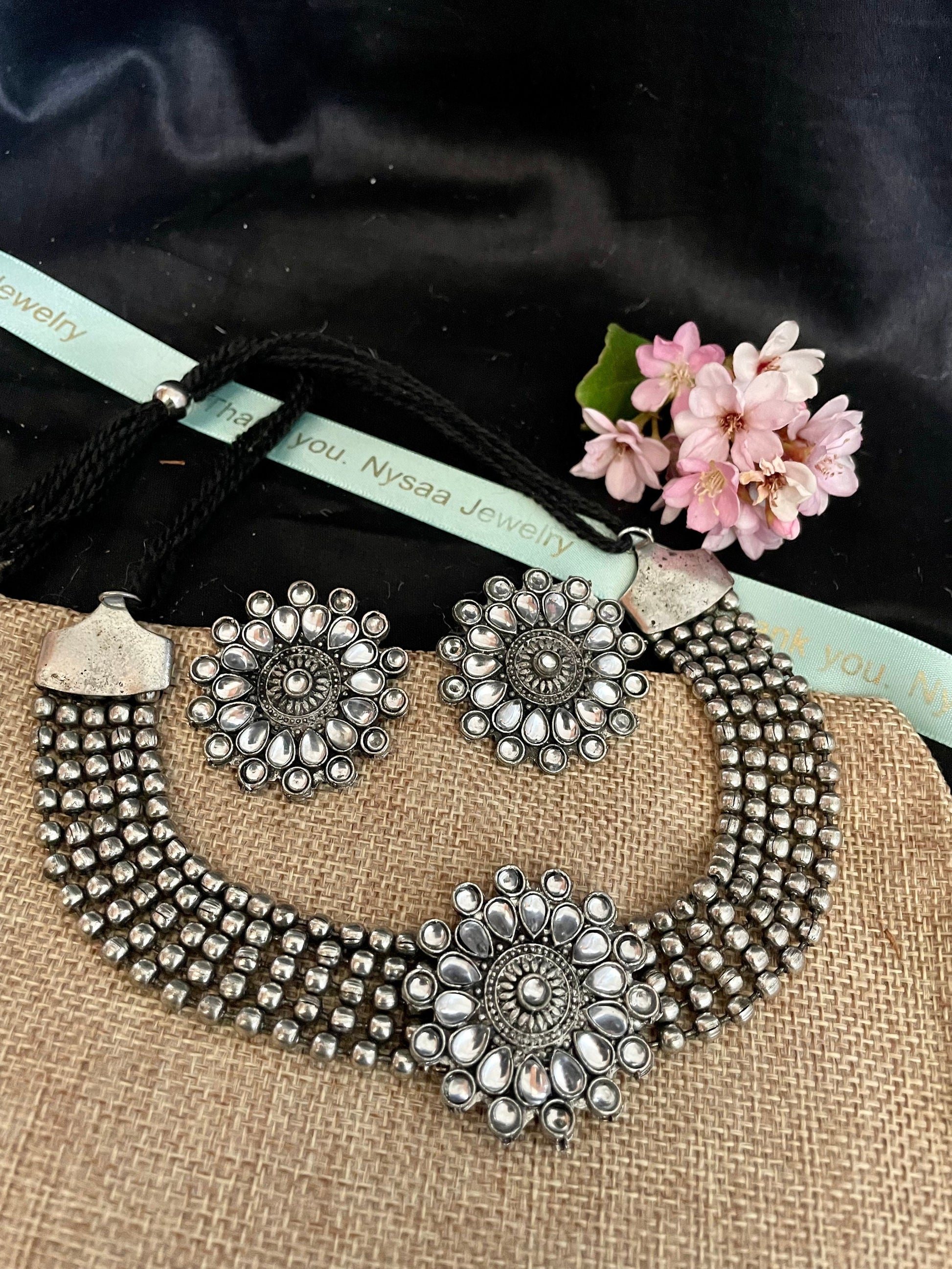 Oxidized Kolhapuri Choker Necklace with Stud Earrings: Adjustable Indian Jewelry