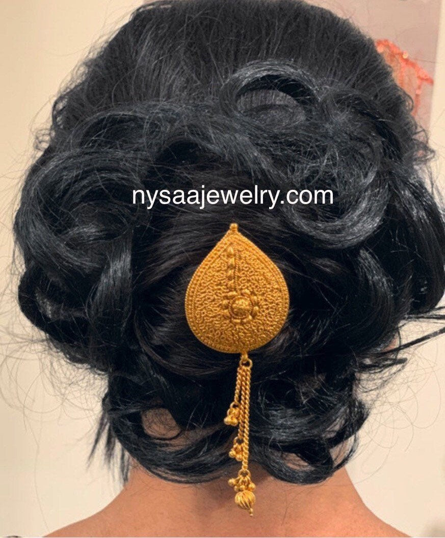 Gold Plated Hair Brooch: Bollywood Saree Pin with Dangling Beads