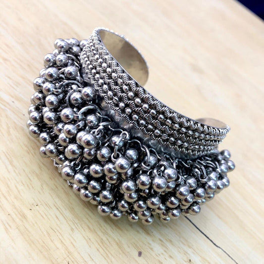 Oxidized Ghungaroo Cuff Bracelet: Boho Silver Bangle