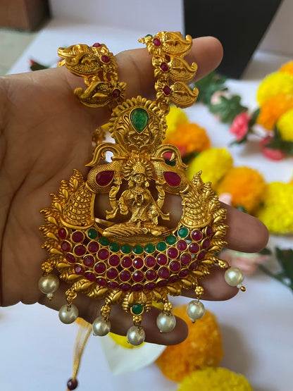 Gold plated set of two temple necklaces and earring