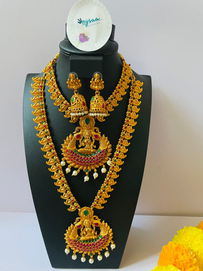 Gold plated set of two temple necklaces and earring