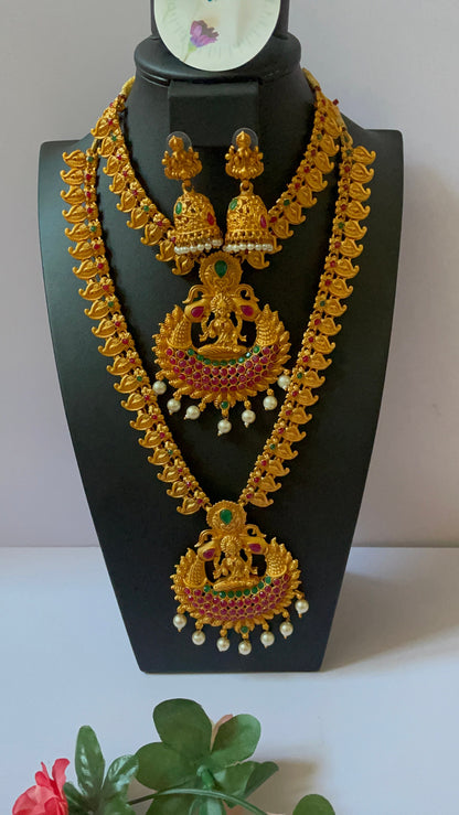 Gold plated set of two temple necklaces and earring