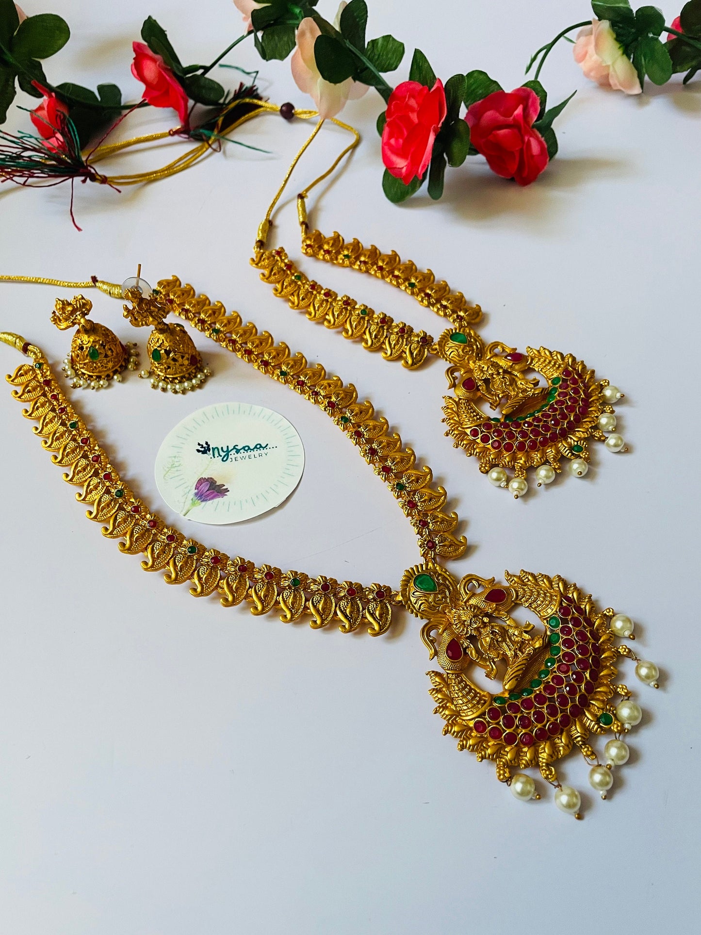 Gold plated set of two temple necklaces and earring