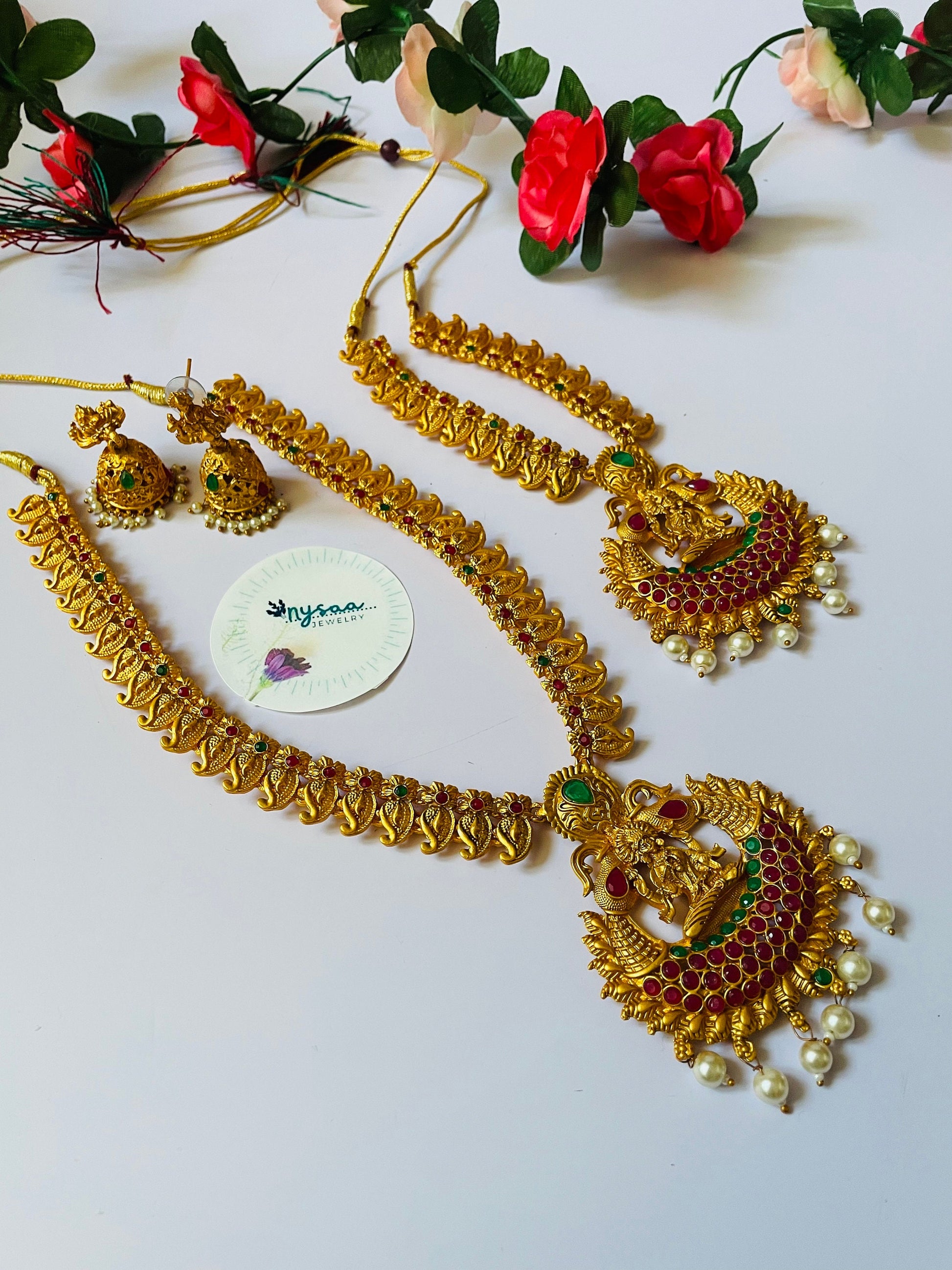 Gold plated set of two temple necklaces and earring
