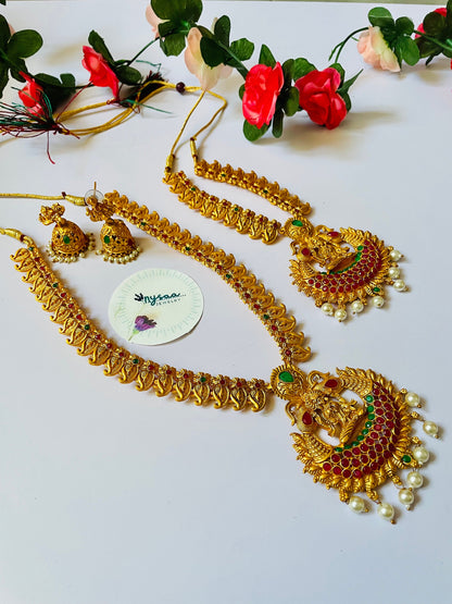 Gold plated set of two temple necklaces and earring