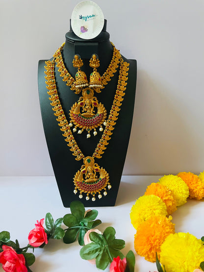 Gold plated set of two temple necklaces and earring