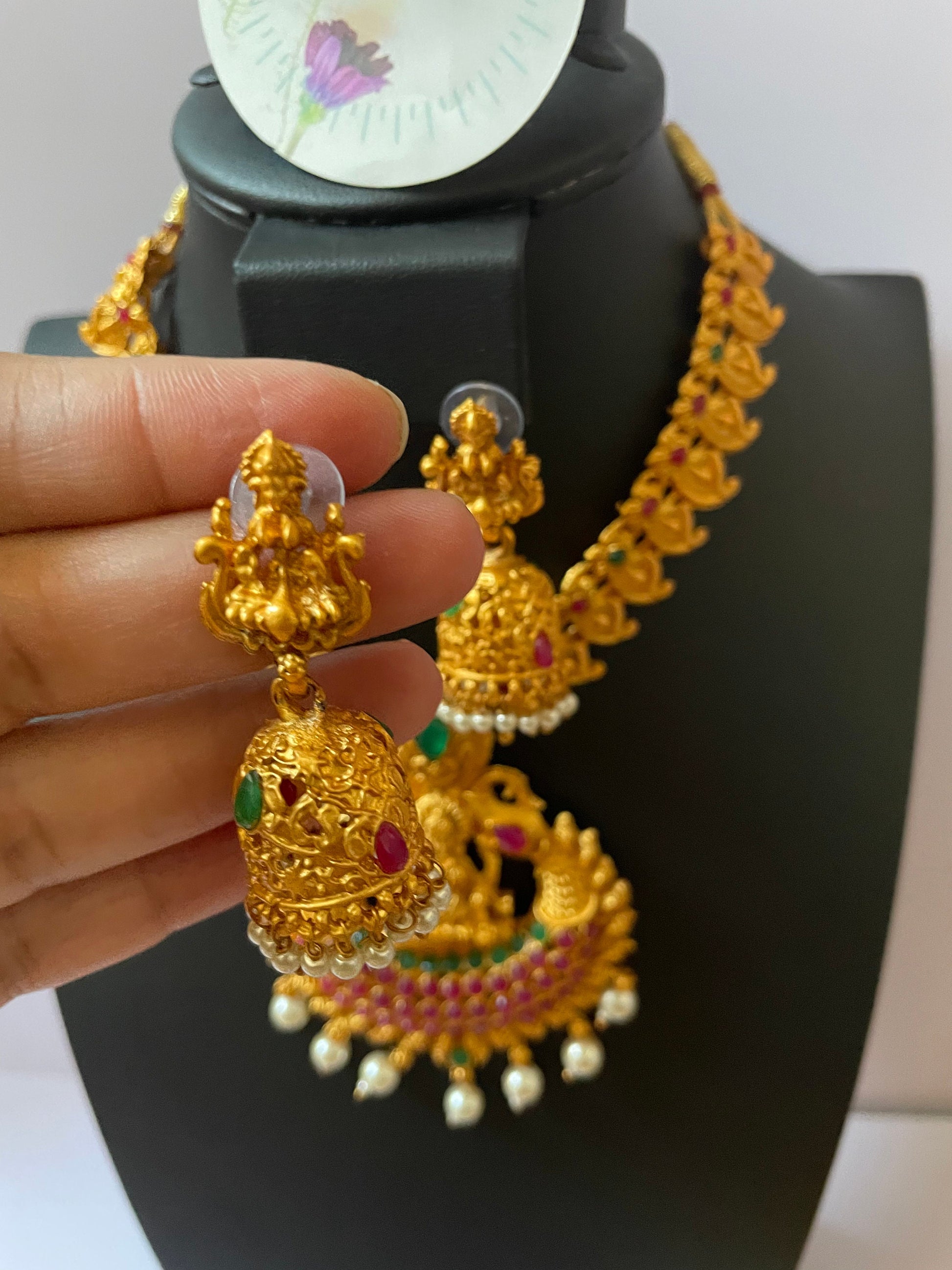 Gold plated set of two temple necklaces and earring
