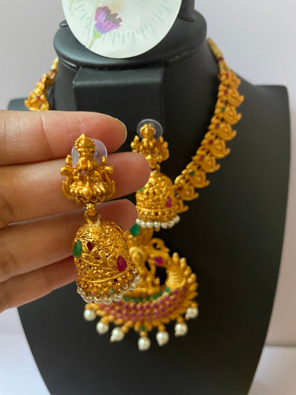 Gold plated set of two temple necklaces and earring