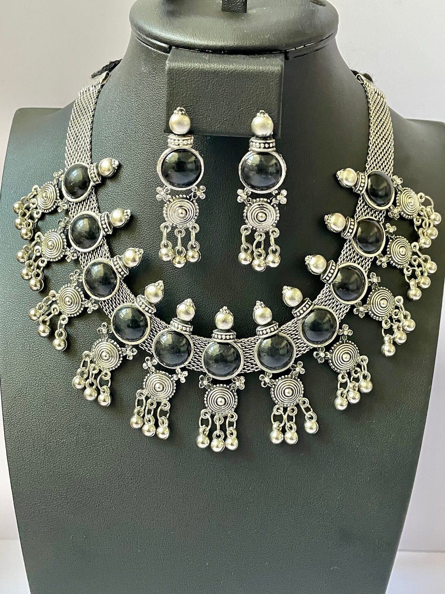 Oxidized Choker and Earring Set: Black Bead Navratri Jewelry