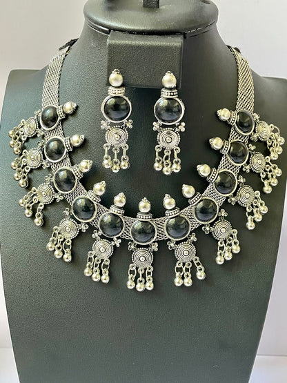 Oxidized Choker and Earring Set: Black Bead Navratri Jewelry
