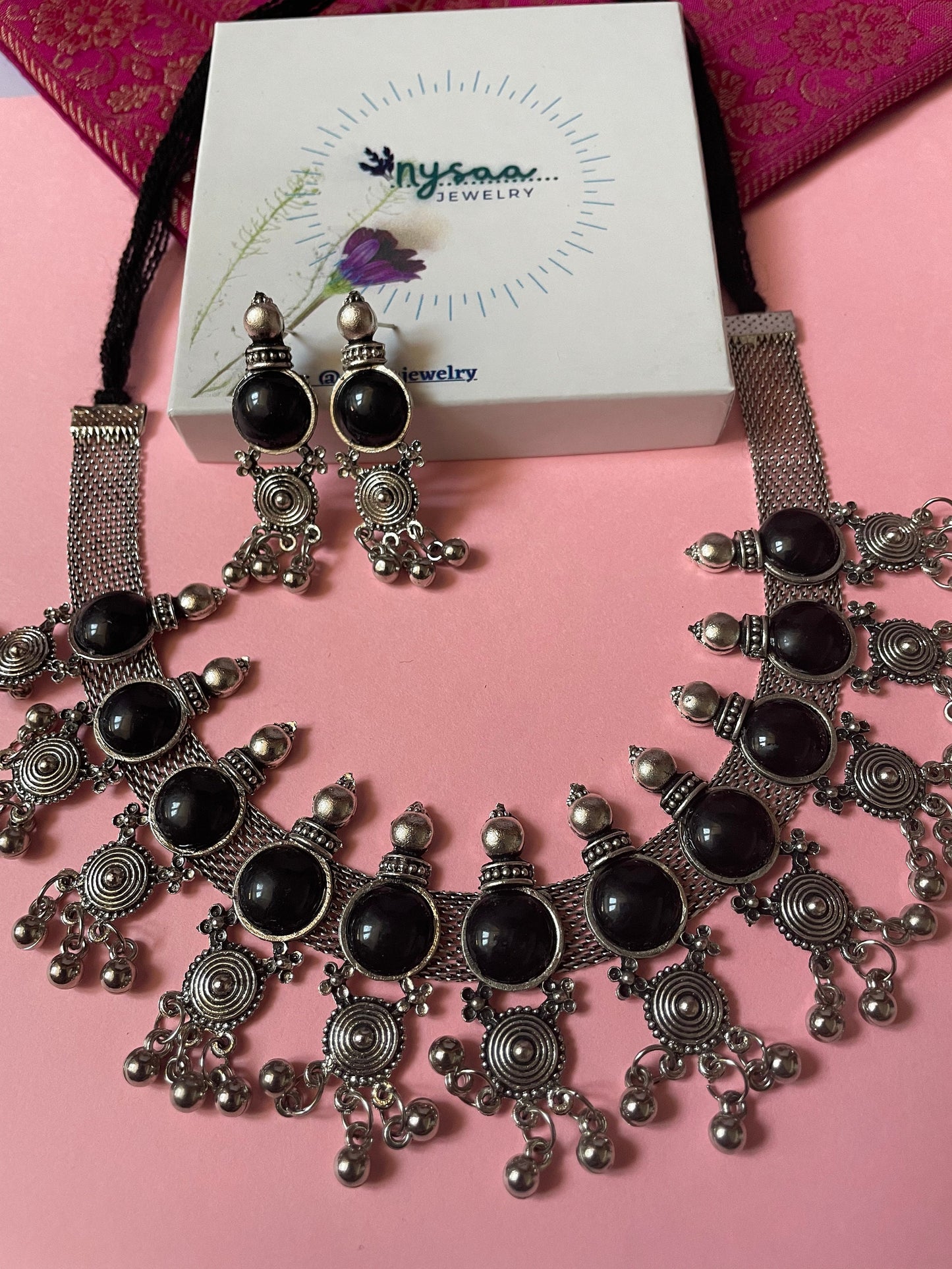 Oxidized Choker and Earring Set: Black Bead Navratri Jewelry