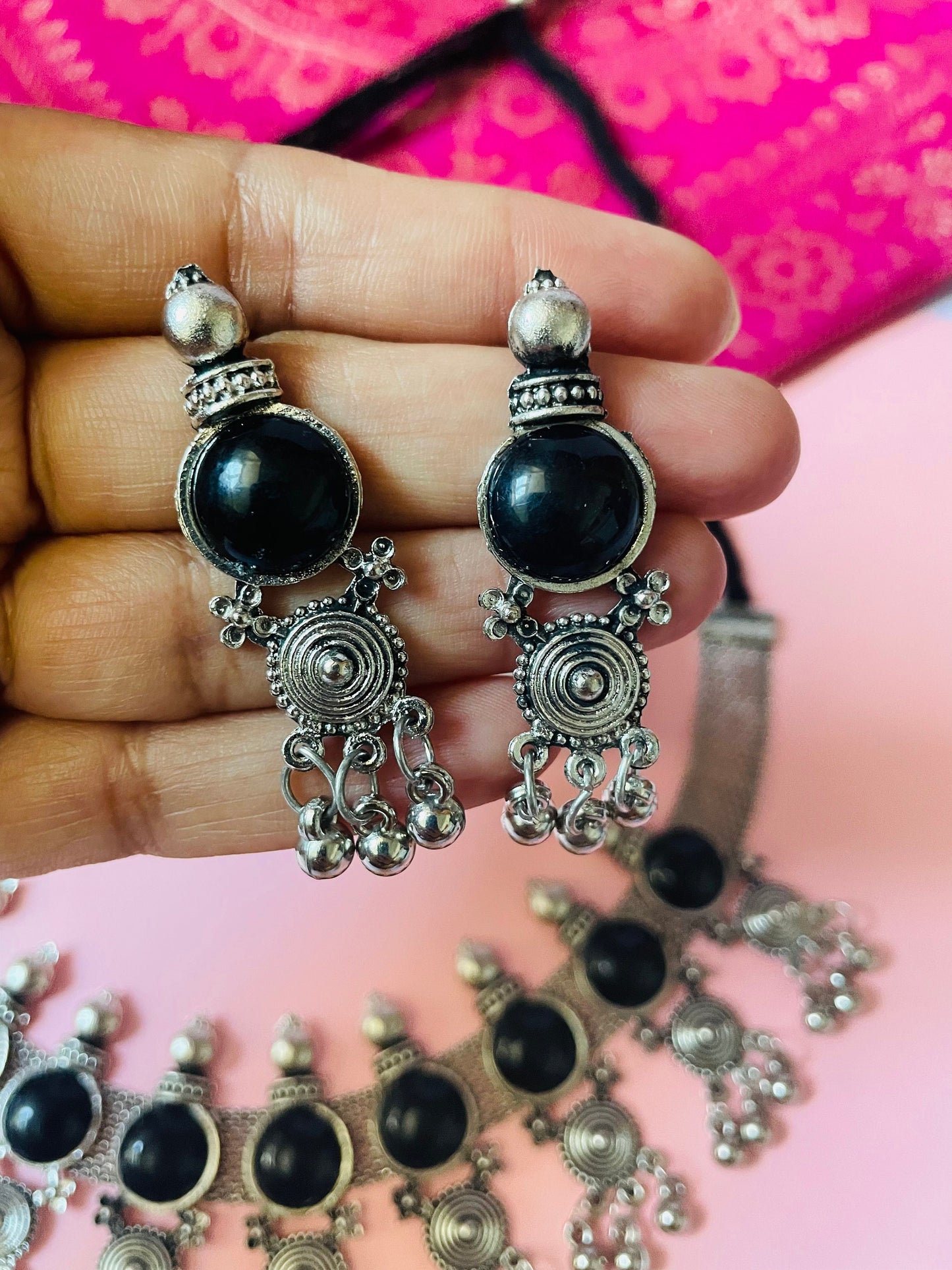 Oxidized Choker and Earring Set: Black Bead Navratri Jewelry